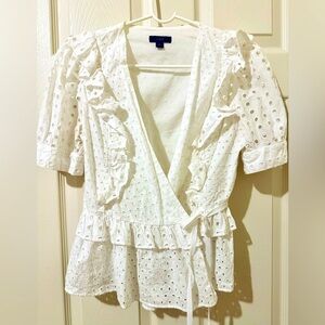 J. Crew White Cotton Eyelet Ruffle Wrap Top
